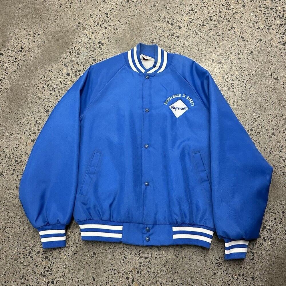 Vintage West Ark Lightweight Blue Satin Blank Bomber Jacket Size XL Plymart USA